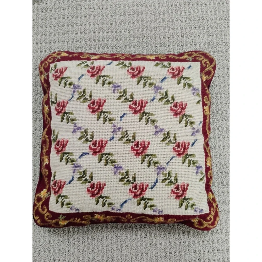 Vtg Rose Handmade Needlepoint Pillow 13